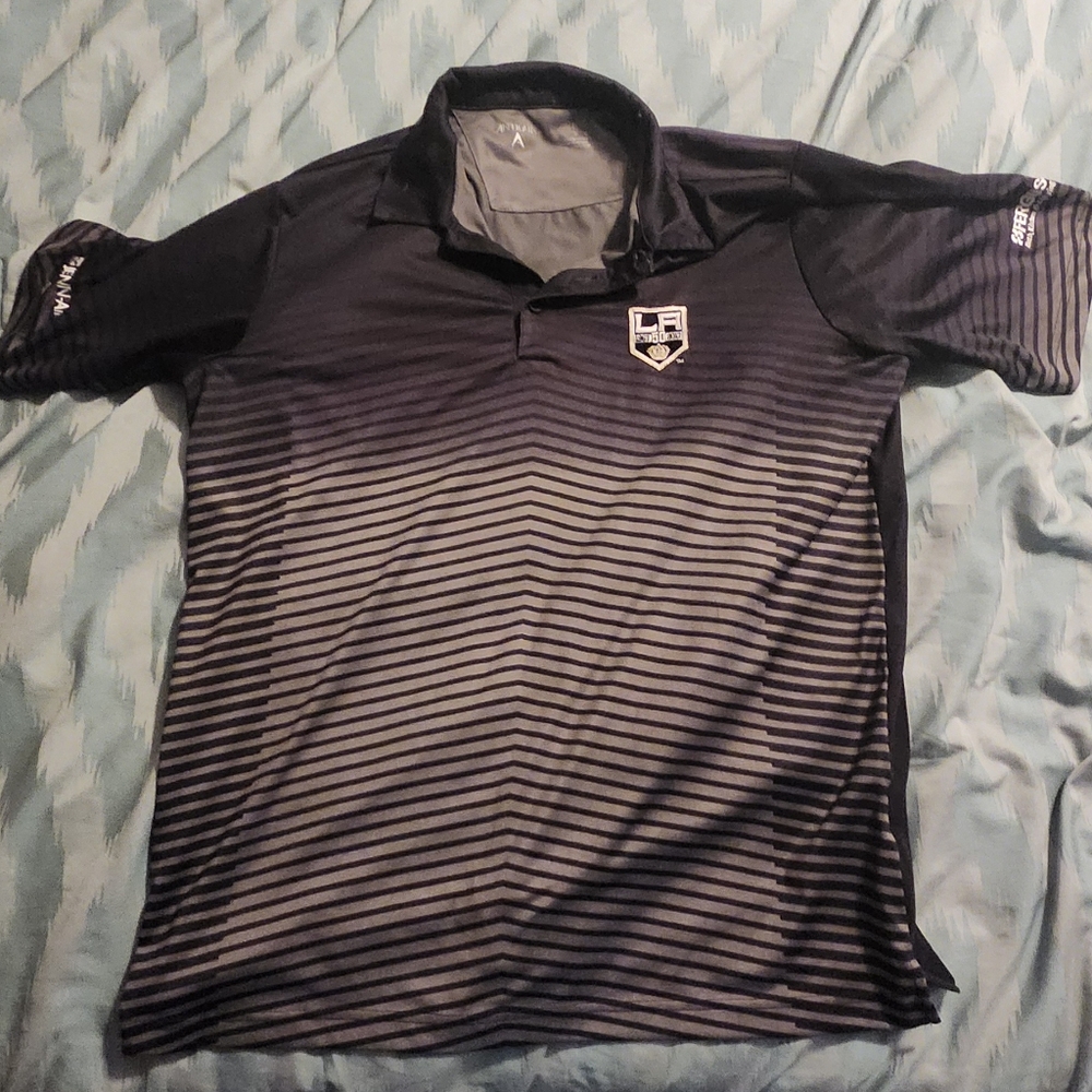 Men's Los Angeles Kings Antigua Polo Gray/Black‎ Striped Men's Large 50th Year.